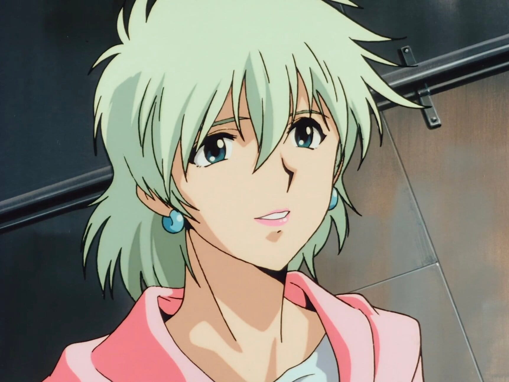 Still from Mobile Suit Gundam: The 08th MS Team with a close-up of Aina with her pink sweater draped around her shoulders
