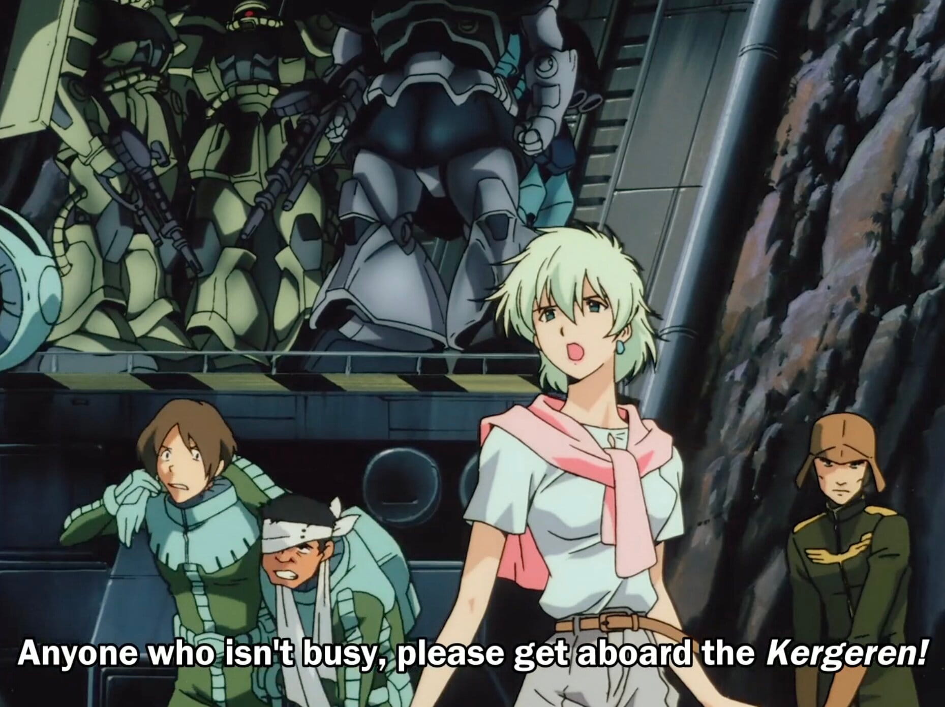 Still from Mobile Suit Gundam: The 08th MS Team with Aina commanding troops with her pink sweater draped around her shoulders